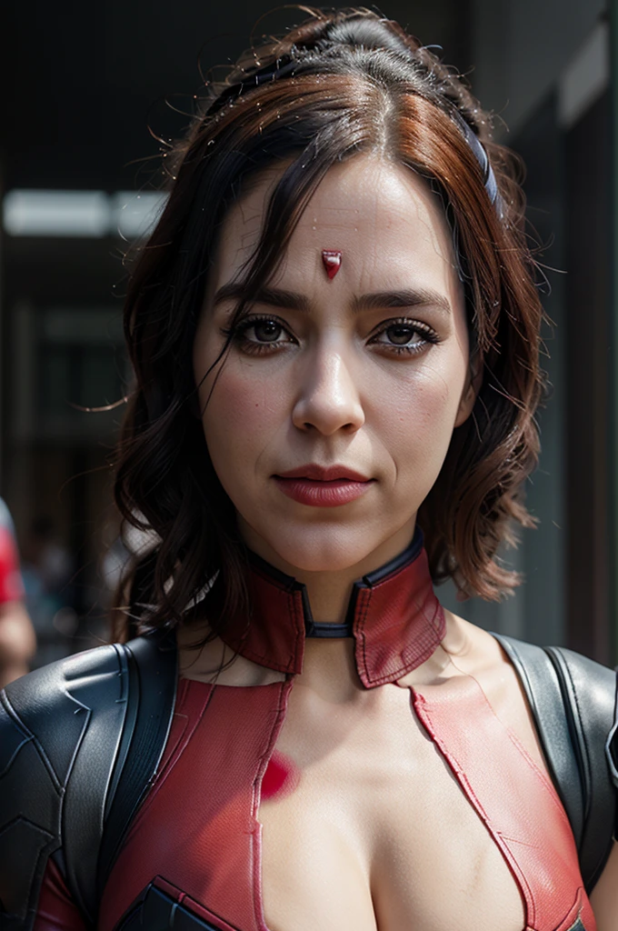 Create a realistic version of Lady Deadpool with the face of