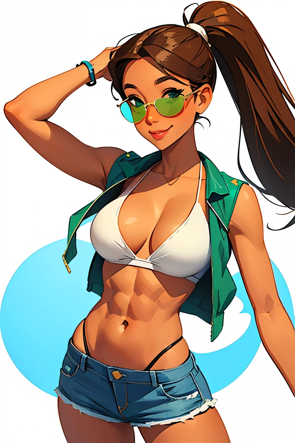 samdoesarts style beautiful woman, White background ,Sam Style, hairstyle long two ponytails, Brown hair, tanned skin, Big breasts in a swimsuit, denim mini skirt, Green eyes, sun glasses, bare belly with abs, sexy pose, flirts, with a smile, lip gloss