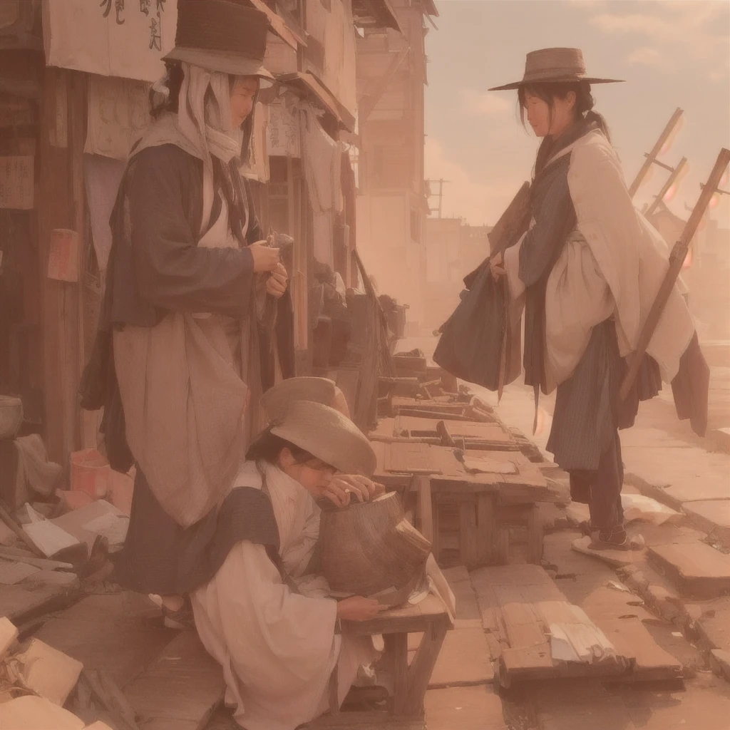A painting of a woman in a long coat and hat standing in an abandoned town, Gwaiz, artwork in the style of Gwaiz, Beautiful artwork illustration, Jan J, by Kamisaka Sekka, by Han Gan, Sosei, illustration concept art, Gwaiz on pixiv artstation, by KamagurukaBlazing flames, fire, crowd, throng, freezing, mother warming her baby.Scenery and Cityscape in the Early Meiji Era After the Meiji Restoration, Japan underwent rapid modernization and civilization. Consequently, many changes and reforms occurred. Below is a detailed explanation of the scenery, appearance of the poor, occupations, and cityscapes in the early Meiji period (1868 to the early 1880s). 2. Appearance of the Poor Life for the impoverished and lower classes remained harsh. In particular, in urban areas, people migrated from rural areas or unemployed artisans gathered, intensifying competition in the labor market. Many of them struggled with poverty, often residing in slums or around temples. 3. Occupations Meiji early Japan witnessed a diversification of occupations. Traditional agriculture and handicrafts were accompanied by the rise of modern industry and commerce. Particularly in urban areas, factory workers, shop clerks, and transporters increased, giving rise to new professions. However, many in these occupations endured harsh working conditions. 4. Influence of Civilization and Enlightenment During the Meiji era, Western cultural influences spread rapidly. Changes in clothing, dietary habits, and the proliferation of Western-style architecture advanced, especially in urban areas. Conversely, this development posed a threat to traditional culture and lifestyles, resulting in societal upheaval and adaptation challenges. 5. Social Change and Policy Influence While promoting modernization policies, the government also addressed poverty and social issues. Legislation for labor protection and charitable activities to aid the poor were implemented. Nevertheless, living conditions for the impoverished scarcely improved. The early Meiji period marked a rapid transformation in Japan, with comple