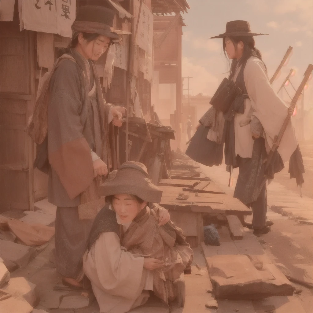 A painting of a woman in a long coat and hat standing in an abandoned town, Gwaiz, artwork in the style of Gwaiz, Beautiful artwork illustration, Jan J, by Kamisaka Sekka, by Han Gan, Sosei, illustration concept art, Gwaiz on pixiv artstation, by KamagurukaBlazing flames, fire, crowd, throng, freezing, mother warming her baby.Scenery and Cityscape in the Early Meiji Era After the Meiji Restoration, Japan underwent rapid modernization and civilization. Consequently, many changes and reforms occurred. Below is a detailed explanation of the scenery, appearance of the poor, occupations, and cityscapes in the early Meiji period (1868 to the early 1880s). 2. Appearance of the Poor Life for the impoverished and lower classes remained harsh. In particular, in urban areas, people migrated from rural areas or unemployed artisans gathered, intensifying competition in the labor market. Many of them struggled with poverty, often residing in slums or around temples. 3. Occupations Meiji early Japan witnessed a diversification of occupations. Traditional agriculture and handicrafts were accompanied by the rise of modern industry and commerce. Particularly in urban areas, factory workers, shop clerks, and transporters increased, giving rise to new professions. However, many in these occupations endured harsh working conditions. 4. Influence of Civilization and Enlightenment During the Meiji era, Western cultural influences spread rapidly. Changes in clothing, dietary habits, and the proliferation of Western-style architecture advanced, especially in urban areas. Conversely, this development posed a threat to traditional culture and lifestyles, resulting in societal upheaval and adaptation challenges. 5. Social Change and Policy Influence While promoting modernization policies, the government also addressed poverty and social issues. Legislation for labor protection and charitable activities to aid the poor were implemented. Nevertheless, living conditions for the impoverished scarcely improved. The early Meiji period marked a rapid transformation in Japan, with comple