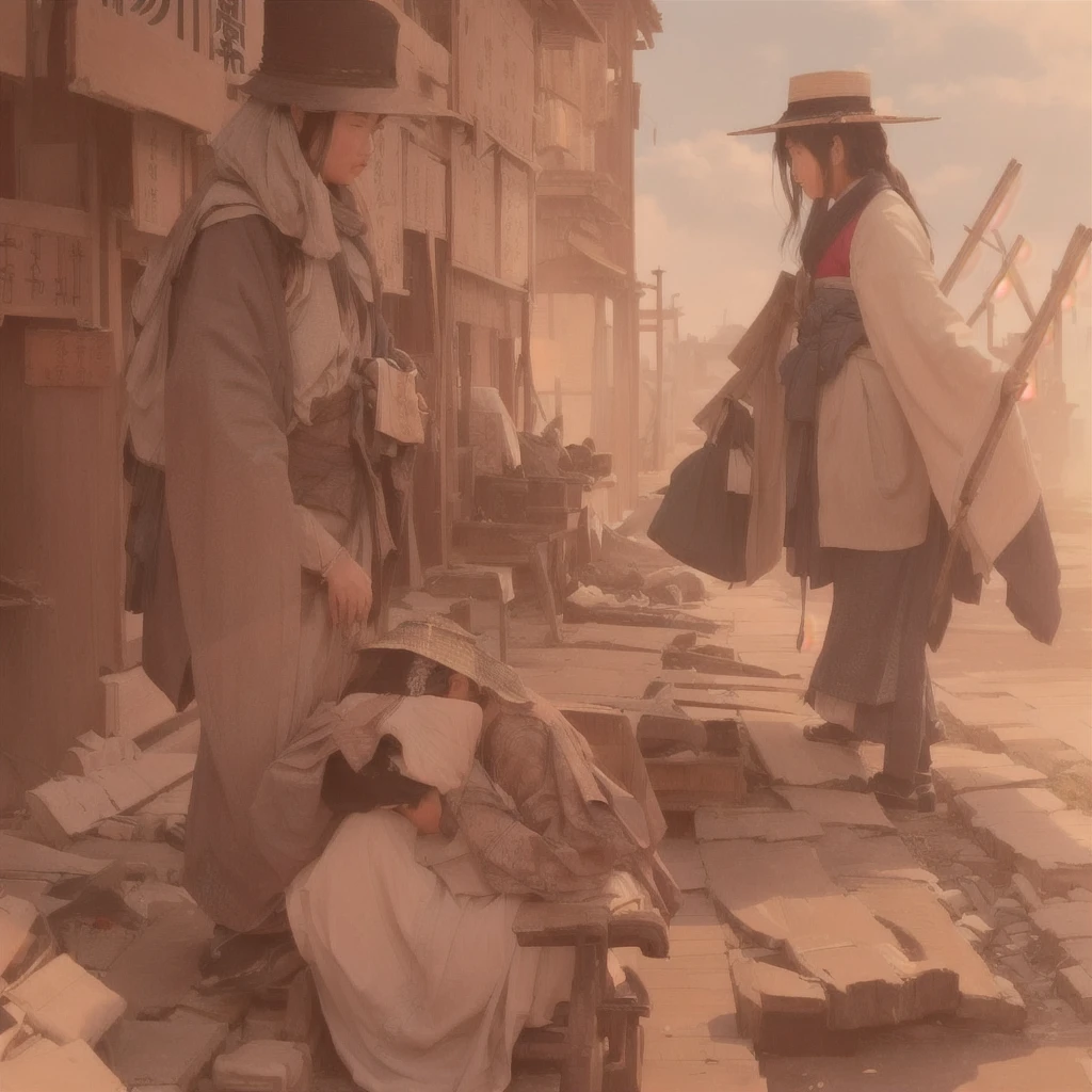 A painting of a woman in a long coat and hat standing in an abandoned town, Gwaiz, artwork in the style of Gwaiz, Beautiful artwork illustration, Jan J, by Kamisaka Sekka, by Han Gan, Sosei, illustration concept art, Gwaiz on pixiv artstation, by KamagurukaBlazing flames, fire, crowd, throng, freezing, mother warming her baby.Scenery and Cityscape in the Early Meiji Era After the Meiji Restoration, Japan underwent rapid modernization and civilization. Consequently, many changes and reforms occurred. Below is a detailed explanation of the scenery, appearance of the poor, occupations, and cityscapes in the early Meiji period (1868 to the early 1880s). 2. Appearance of the Poor Life for the impoverished and lower classes remained harsh. In particular, in urban areas, people migrated from rural areas or unemployed artisans gathered, intensifying competition in the labor market. Many of them struggled with poverty, often residing in slums or around temples. 3. Occupations Meiji early Japan witnessed a diversification of occupations. Traditional agriculture and handicrafts were accompanied by the rise of modern industry and commerce. Particularly in urban areas, factory workers, shop clerks, and transporters increased, giving rise to new professions. However, many in these occupations endured harsh working conditions. 4. Influence of Civilization and Enlightenment During the Meiji era, Western cultural influences spread rapidly. Changes in clothing, dietary habits, and the proliferation of Western-style architecture advanced, especially in urban areas. Conversely, this development posed a threat to traditional culture and lifestyles, resulting in societal upheaval and adaptation challenges. 5. Social Change and Policy Influence While promoting modernization policies, the government also addressed poverty and social issues. Legislation for labor protection and charitable activities to aid the poor were implemented. Nevertheless, living conditions for the impoverished scarcely improved. The early Meiji period marked a rapid transformation in Japan, with comple