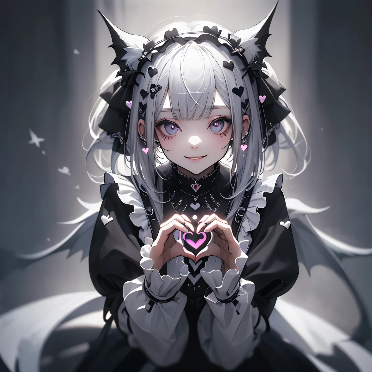 (masterpiece), Highest quality, Ultra-high resolution,White Lolita、Silver Hair、Black Hair、Big smile、Bat、Angel、Sick Makeup、Maid、fine、(Making a heart with hands:1.3)、music、Angelの羽、(Dark background:1.3)