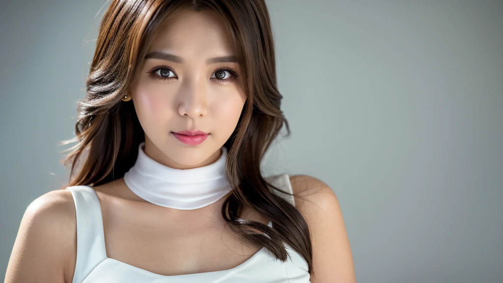 (Detailed face),vivid,chest,cute,A silky white dress with sleeveless top and turtleneck,4K,Ultra-high resolution,（Photorealistic：1.7）,Gray background,Long Hair,