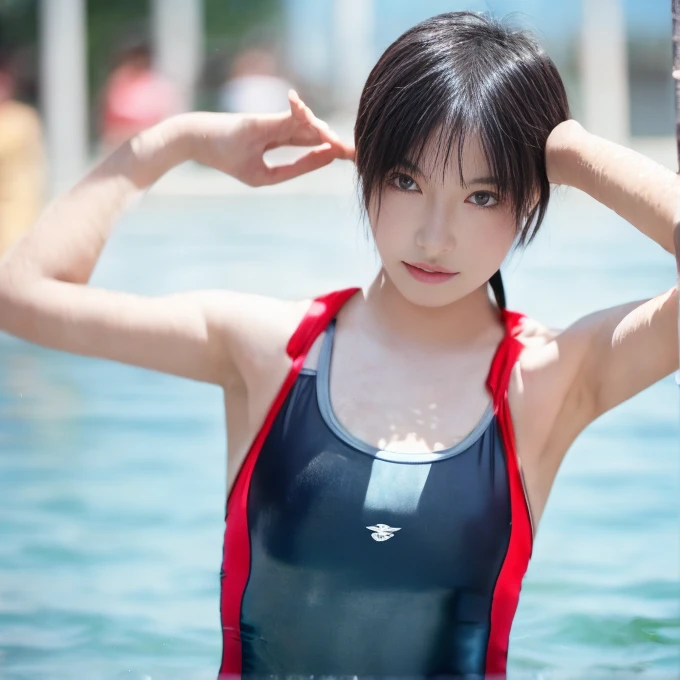 18-year-old girl，Perfect Eyes，squint，Really beautiful girl、Delicate skin，The bust is very large、Full body image、Poolside background、High resolution、high resolution、School Swimsuit、I can see from head to toe
