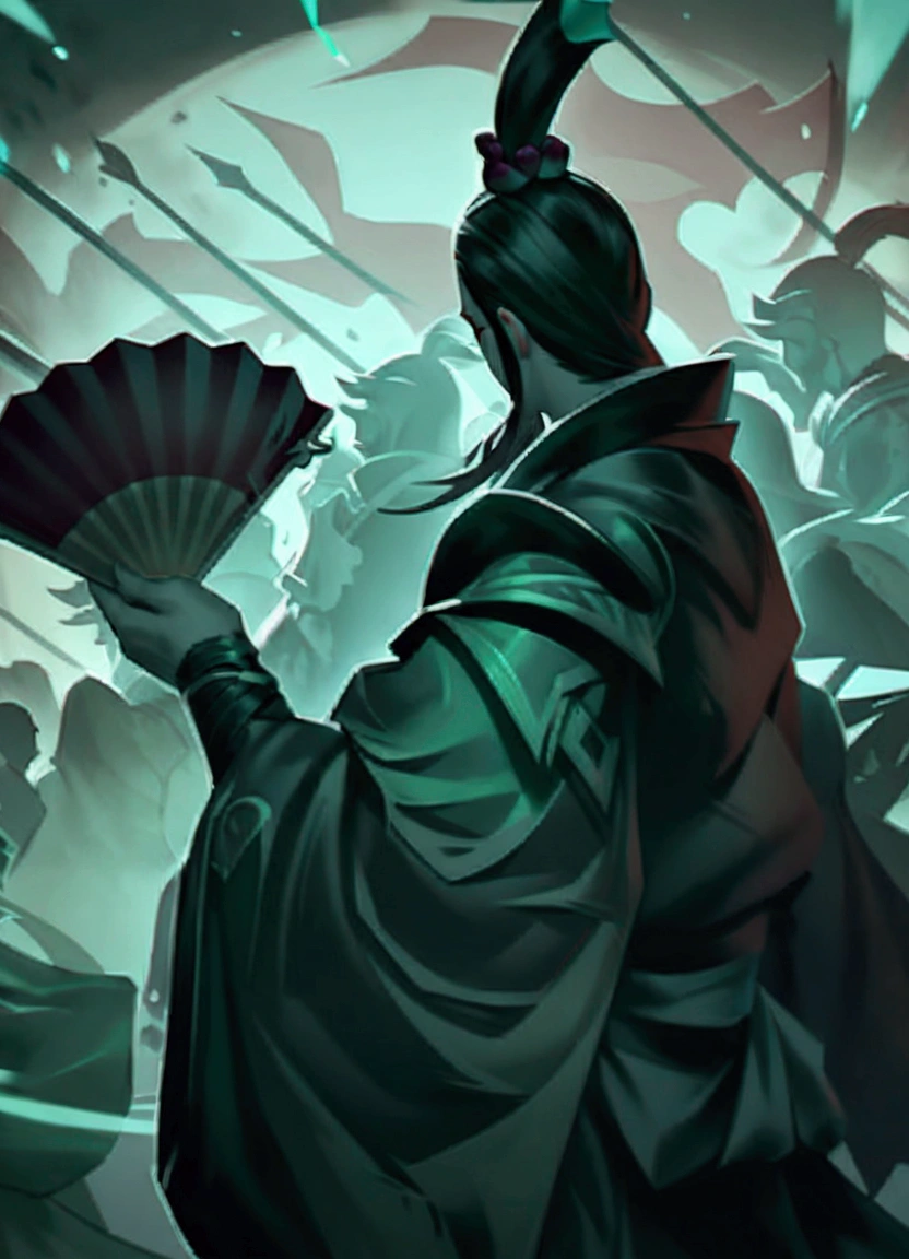 A man in a black robe holds a fan in front of a crowd, heise jinyao, Onmyoji portrait, Onmyoji detailed art, Inspired by Shen Zhou, Onmyoji, Ink Art, iconic character Ink Art, character Ink Art, bian lian, A sign from Valorant, Magic the Gathering art style, Game concept art