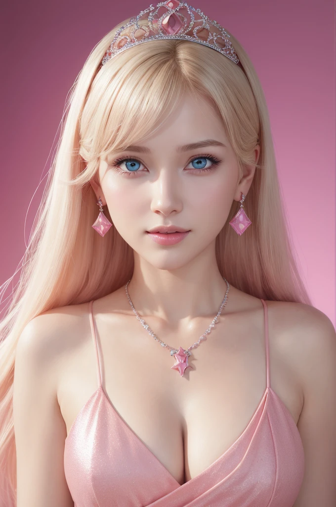 1girl,star blue eye,blush,perfect illumination,upper body,3DMM,blonde hair,long hair,jewelry,gradient pink background,pink dress,earrings,pink dress,realistic,necklace,looking at viewer,tiara,pink lips,light smile,unreal engine,side lighting,detailed face,bangs,bright skin