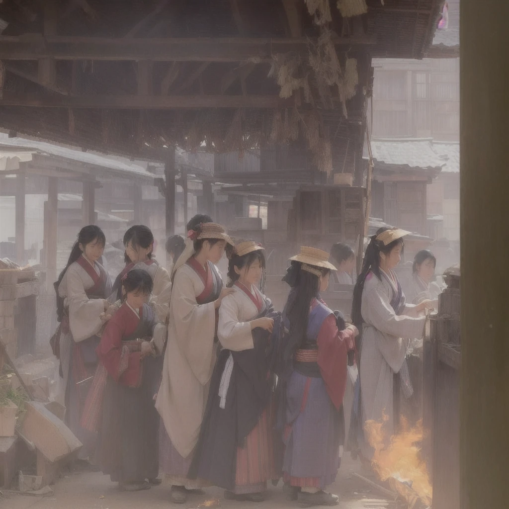 People in a burning building々Picture, ( ( Makoto Shinkai ) ), by makoto shinkai, by makoto shinkai, Xin Haicheng, Post-apocalyptic. Makoto Shinkai, Gwaiz, dark. by makoto shinkai, Makoto Shinkai. —h 2160Blazing flames, fire, crowd, throng, freezing, mother warming her baby.Scenery and Cityscape in the Early Meiji Era After the Meiji Restoration, Japan underwent rapid modernization and civilization. Consequently, many changes and reforms occurred. Below is a detailed explanation of the scenery, appearance of the poor, occupations, and cityscapes in the early Meiji period (1868 to the early 1880s). 2. Appearance of the Poor Life for the impoverished and lower classes remained harsh. In particular, in urban areas, people migrated from rural areas or unemployed artisans gathered, intensifying competition in the labor market. Many of them struggled with poverty, often residing in slums or around temples. 3. Occupations Meiji early Japan witnessed a diversification of occupations. Traditional agriculture and handicrafts were accompanied by the rise of modern industry and commerce. Particularly in urban areas, factory workers, shop clerks, and transporters increased, giving rise to new professions. However, many in these occupations endured harsh working conditions. 4. Influence of Civilization and Enlightenment During the Meiji era, Western cultural influences spread rapidly. Changes in clothing, dietary habits, and the proliferation of Western-style architecture advanced, especially in urban areas. Conversely, this development posed a threat to traditional culture and lifestyles, resulting in societal upheaval and adaptation challenges. 5. Social Change and Policy Influence While promoting modernization policies, the government also addressed poverty and social issues. Legislation for labor protection and charitable activities to aid the poor were implemented. Nevertheless, living conditions for the impoverished scarcely improved. The early Meiji period marked a rapid transformation in Japan, with complex so