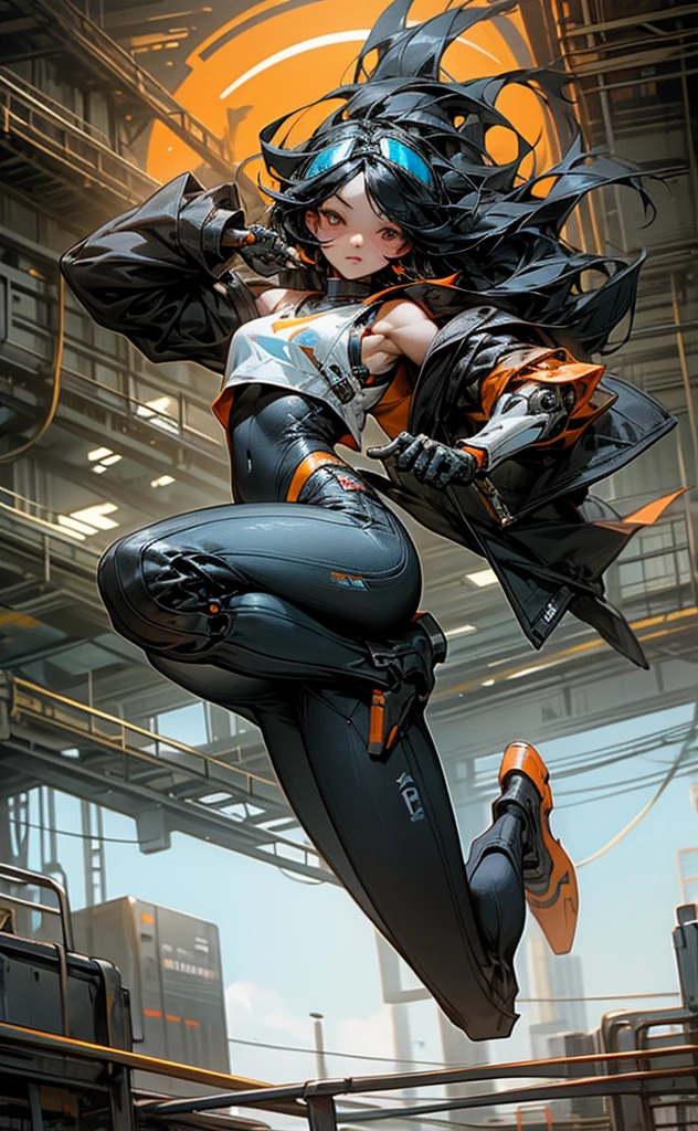 Long black hair、Beauty、White tank top、Highest quality、cyber punk、Orange goggles、background(Above)blue sky、Jumping figure、