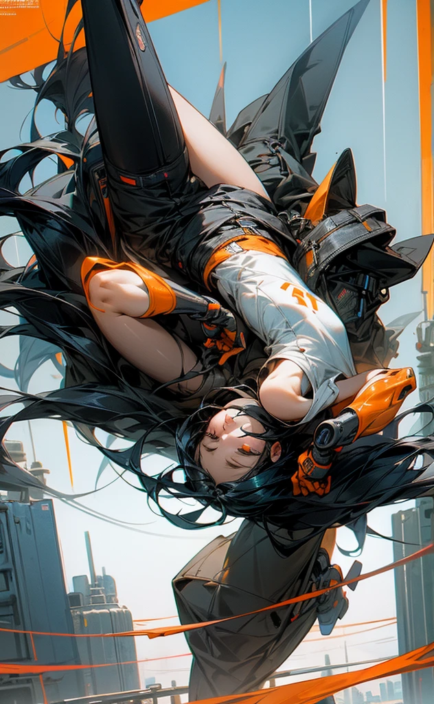 Long black hair、Beauty、White tank top、Highest quality、cyber punk、Orange goggles、background(Above)blue sky、Jumping figure、