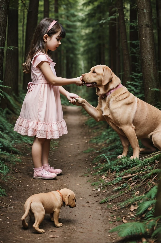 A in a light pink dress feeds a Labrador dog from her hands on a path in the forest.