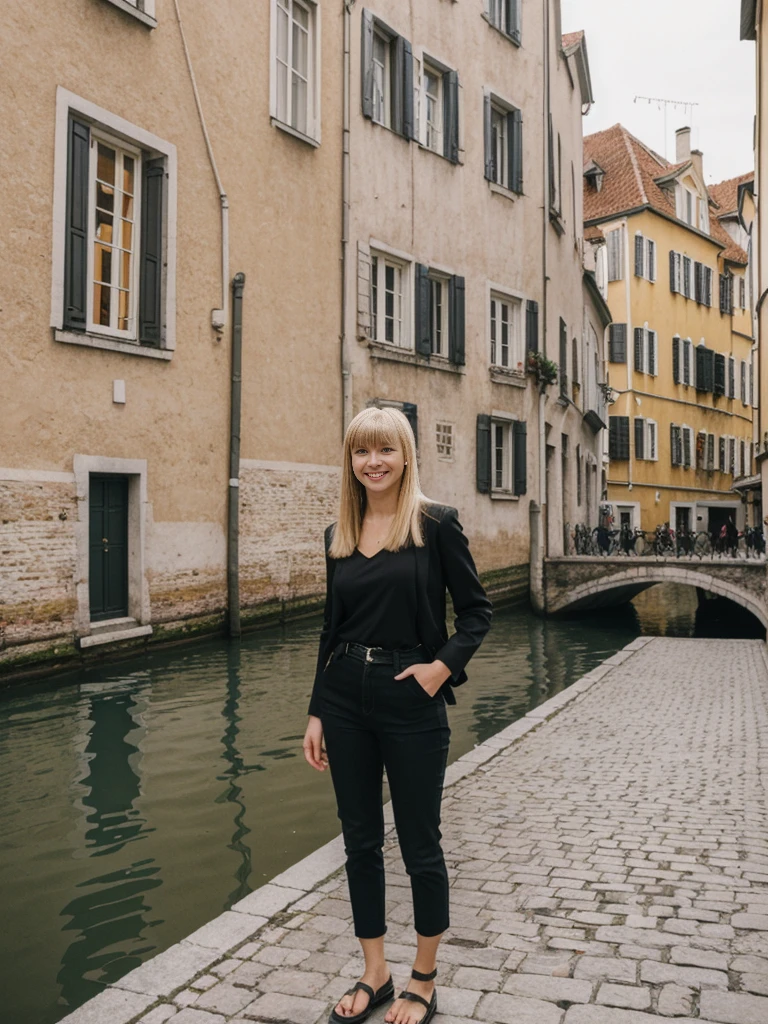 her name is Alliyah, high quality, 1girl, ((20-year-old fit Caucasian woman)), ((20 years old)), ((fit)), ((medium blonde with bangs)), pose: standing, wearing stylish random trend Generation-Z modern wear, BACKGROUND: overlooking cobblestone streets and canals., ugly smiling, POSE: standing
