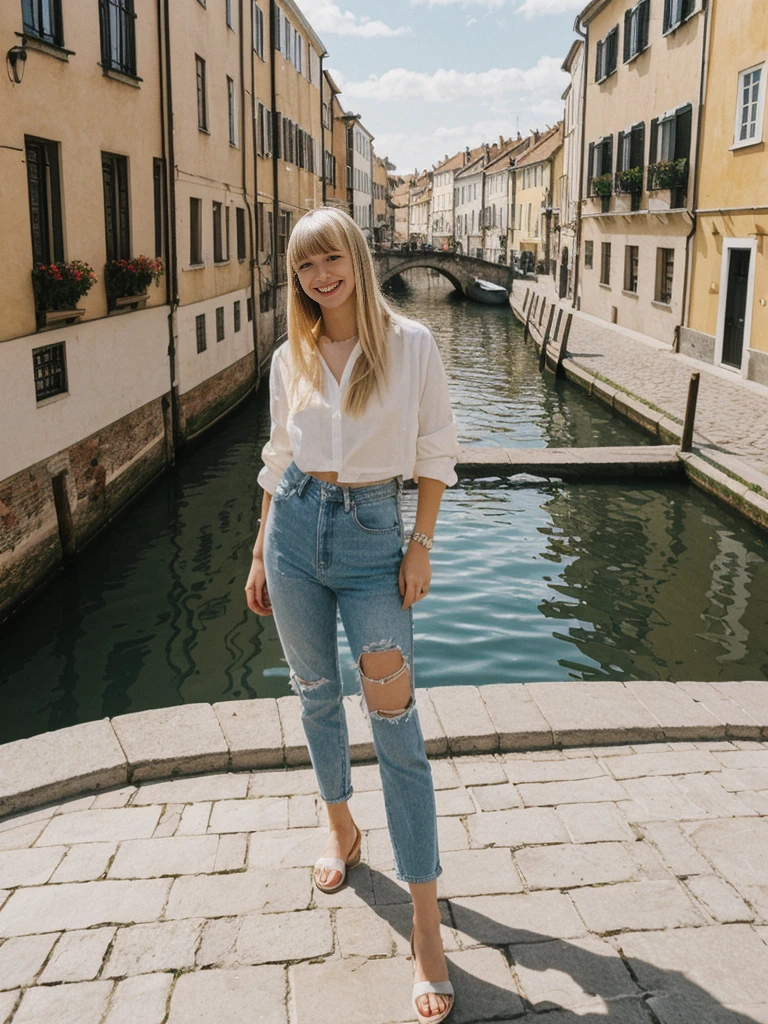 her name is Alliyah, high quality, 1girl, ((20-year-old fit Caucasian woman)), ((20 years old)), ((fit)), ((medium blonde with bangs)), pose: standing, wearing stylish random trend Generation-Z modern wear, BACKGROUND: overlooking cobblestone streets and canals., ugly smiling, POSE: standing
