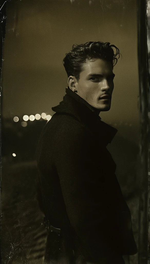 Hill top, night, 1man, fashion photoshoot, photographed by Peter Lindbergh, ultra high definition, realistic, perfect hands, dynamic angle, dynamic pose