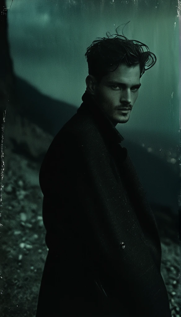 Hill top, night, 1man, fashion photoshoot, photographed by Peter Lindbergh, ultra high definition, realistic, perfect hands, dynamic angle, dynamic pose