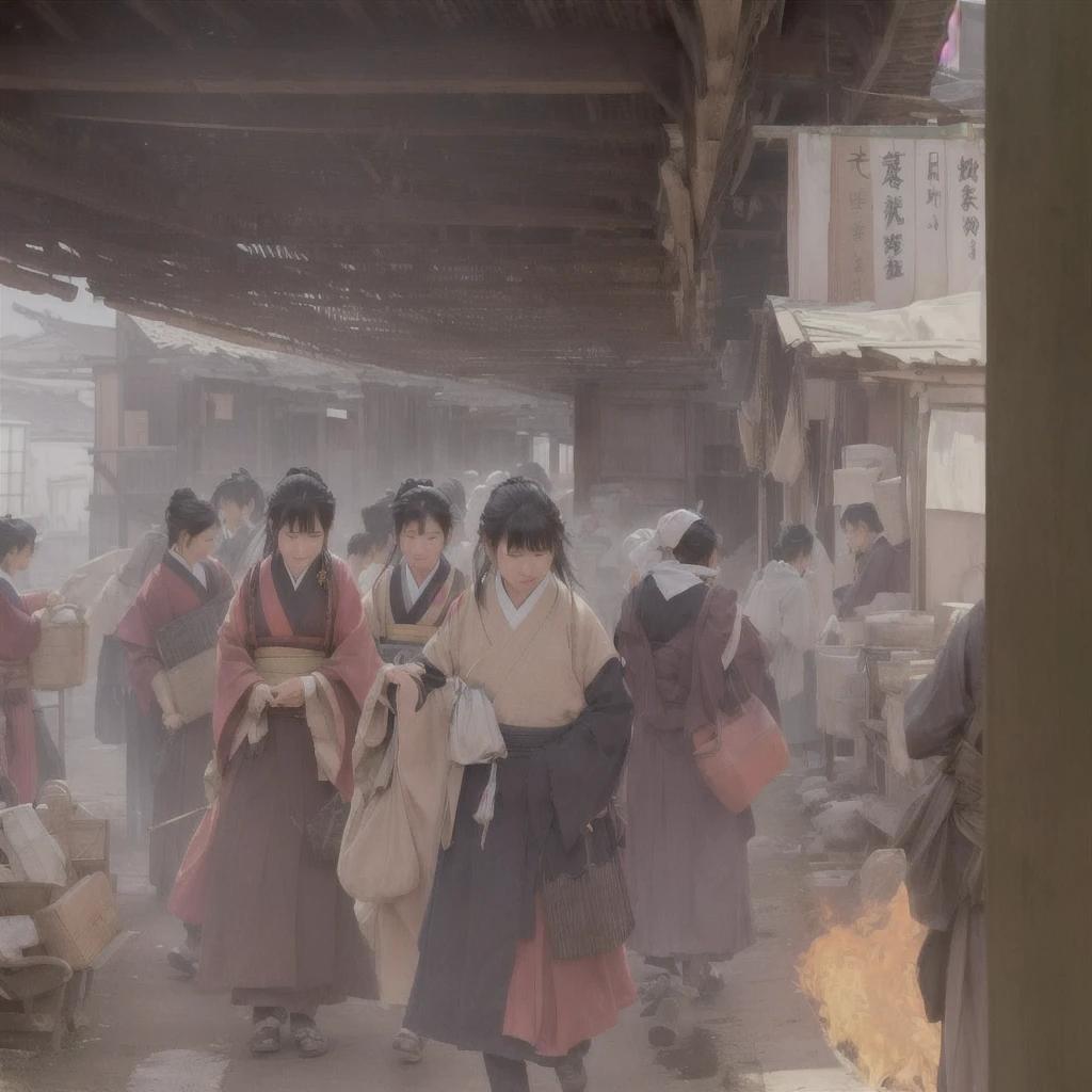People in a burning building々Picture, ( ( Makoto Shinkai ) ), by makoto shinkai, by makoto shinkai, Xin Haicheng, Post-apocalyptic. Makoto Shinkai, Gwaiz, dark. by makoto shinkai, Makoto Shinkai. —h 2160Blazing flames, fire, crowd, throng, freezing, mother warming her baby.Scenery and Cityscape in the Early Meiji Era After the Meiji Restoration, Japan underwent rapid modernization and civilization. Consequently, many changes and reforms occurred. Below is a detailed explanation of the scenery, appearance of the poor, occupations, and cityscapes in the early Meiji period (1868 to the early 1880s). 2. Appearance of the Poor Life for the impoverished and lower classes remained harsh. In particular, in urban areas, people migrated from rural areas or unemployed artisans gathered, intensifying competition in the labor market. Many of them struggled with poverty, often residing in slums or around temples. 3. Occupations Meiji early Japan witnessed a diversification of occupations. Traditional agriculture and handicrafts were accompanied by the rise of modern industry and commerce. Particularly in urban areas, factory workers, shop clerks, and transporters increased, giving rise to new professions. However, many in these occupations endured harsh working conditions. 4. Influence of Civilization and Enlightenment During the Meiji era, Western cultural influences spread rapidly. Changes in clothing, dietary habits, and the proliferation of Western-style architecture advanced, especially in urban areas. Conversely, this development posed a threat to traditional culture and lifestyles, resulting in societal upheaval and adaptation challenges. 5. Social Change and Policy Influence While promoting modernization policies, the government also addressed poverty and social issues. Legislation for labor protection and charitable activities to aid the poor were implemented. Nevertheless, living conditions for the impoverished scarcely improved. The early Meiji period marked a rapid transformation in Japan, with complex so