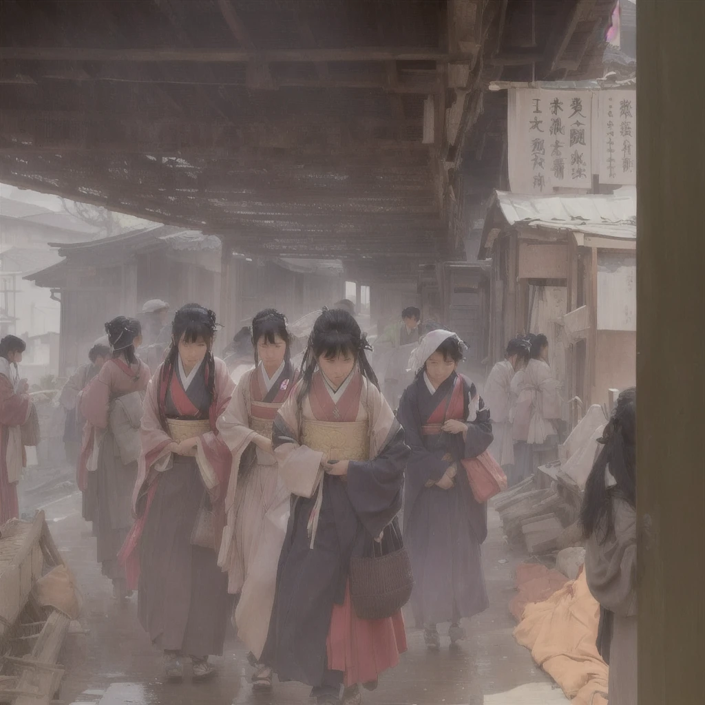 People in a burning building々Picture, ( ( Makoto Shinkai ) ), by makoto shinkai, by makoto shinkai, Xin Haicheng, Post-apocalyptic. Makoto Shinkai, Gwaiz, dark. by makoto shinkai, Makoto Shinkai. —h 2160Blazing flames, fire, crowd, throng, freezing, mother warming her baby.Scenery and Cityscape in the Early Meiji Era After the Meiji Restoration, Japan underwent rapid modernization and civilization. Consequently, many changes and reforms occurred. Below is a detailed explanation of the scenery, appearance of the poor, occupations, and cityscapes in the early Meiji period (1868 to the early 1880s). 2. Appearance of the Poor Life for the impoverished and lower classes remained harsh. In particular, in urban areas, people migrated from rural areas or unemployed artisans gathered, intensifying competition in the labor market. Many of them struggled with poverty, often residing in slums or around temples. 3. Occupations Meiji early Japan witnessed a diversification of occupations. Traditional agriculture and handicrafts were accompanied by the rise of modern industry and commerce. Particularly in urban areas, factory workers, shop clerks, and transporters increased, giving rise to new professions. However, many in these occupations endured harsh working conditions. 4. Influence of Civilization and Enlightenment During the Meiji era, Western cultural influences spread rapidly. Changes in clothing, dietary habits, and the proliferation of Western-style architecture advanced, especially in urban areas. Conversely, this development posed a threat to traditional culture and lifestyles, resulting in societal upheaval and adaptation challenges. 5. Social Change and Policy Influence While promoting modernization policies, the government also addressed poverty and social issues. Legislation for labor protection and charitable activities to aid the poor were implemented. Nevertheless, living conditions for the impoverished scarcely improved. The early Meiji period marked a rapid transformation in Japan, with complex so