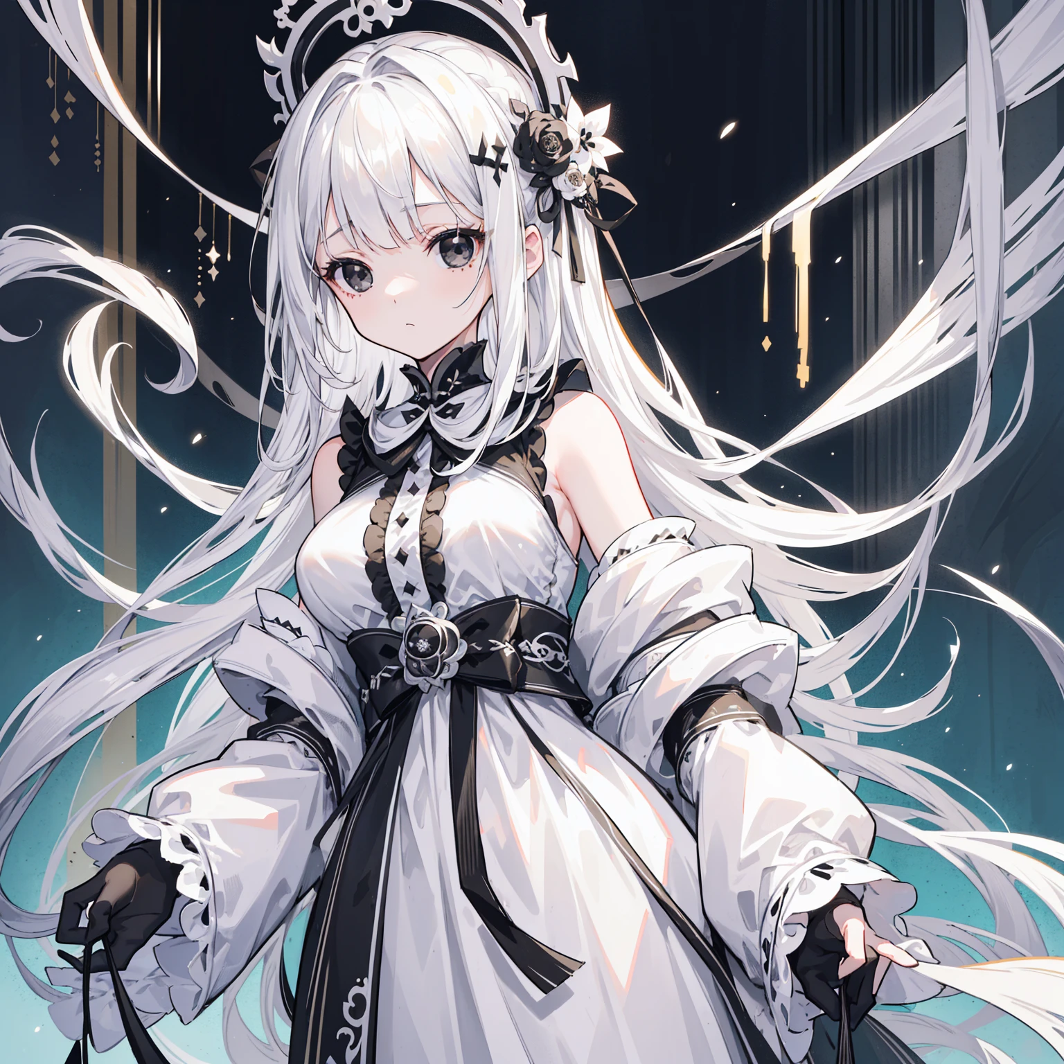 (Top image quality)、(Very detailed)、(Facing forward)、Top quality、masterpiece、(((1 girl )))、Silver Hair、White hair、((Long hair))、Weaving、(black eyes:1.6)、(White and black cheongsam)、Hooded dress、Lots of decorations、Lots of ribbons、White Ribbon、She looked grim.、Fluffy loose hair、Hanfu