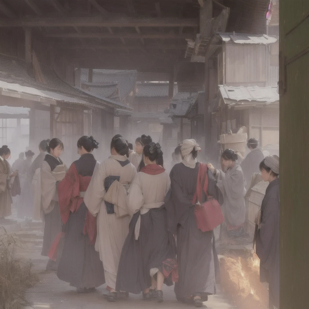 People in a burning building々Picture, ( ( Makoto Shinkai ) ), by makoto shinkai, by makoto shinkai, Xin Haicheng, Post-apocalyptic. Makoto Shinkai, Gwaiz, dark. by makoto shinkai, Makoto Shinkai. —h 2160Blazing flames, fire, crowd, throng, freezing, mother warming her baby.Scenery and Cityscape in the Early Meiji Era After the Meiji Restoration, Japan underwent rapid modernization and civilization. Consequently, many changes and reforms occurred. Below is a detailed explanation of the scenery, appearance of the poor, occupations, and cityscapes in the early Meiji period (1868 to the early 1880s). 2. Appearance of the Poor Life for the impoverished and lower classes remained harsh. In particular, in urban areas, people migrated from rural areas or unemployed artisans gathered, intensifying competition in the labor market. Many of them struggled with poverty, often residing in slums or around temples. 3. Occupations Meiji early Japan witnessed a diversification of occupations. Traditional agriculture and handicrafts were accompanied by the rise of modern industry and commerce. Particularly in urban areas, factory workers, shop clerks, and transporters increased, giving rise to new professions. However, many in these occupations endured harsh working conditions. 4. Influence of Civilization and Enlightenment During the Meiji era, Western cultural influences spread rapidly. Changes in clothing, dietary habits, and the proliferation of Western-style architecture advanced, especially in urban areas. Conversely, this development posed a threat to traditional culture and lifestyles, resulting in societal upheaval and adaptation challenges. 5. Social Change and Policy Influence While promoting modernization policies, the government also addressed poverty and social issues. Legislation for labor protection and charitable activities to aid the poor were implemented. Nevertheless, living conditions for the impoverished scarcely improved. The early Meiji period marked a rapid transformation in Japan, with complex so