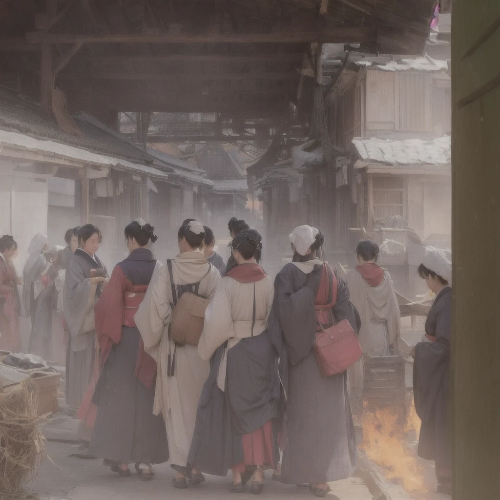 People in a burning building々Picture, ( ( Makoto Shinkai ) ), by makoto shinkai, by makoto shinkai, Xin Haicheng, Post-apocalyptic. Makoto Shinkai, Gwaiz, dark. by makoto shinkai, Makoto Shinkai. —h 2160Blazing flames, fire, crowd, throng, freezing, mother warming her baby.Scenery and Cityscape in the Early Meiji Era After the Meiji Restoration, Japan underwent rapid modernization and civilization. Consequently, many changes and reforms occurred. Below is a detailed explanation of the scenery, appearance of the poor, occupations, and cityscapes in the early Meiji period (1868 to the early 1880s). 2. Appearance of the Poor Life for the impoverished and lower classes remained harsh. In particular, in urban areas, people migrated from rural areas or unemployed artisans gathered, intensifying competition in the labor market. Many of them struggled with poverty, often residing in slums or around temples. 3. Occupations Meiji early Japan witnessed a diversification of occupations. Traditional agriculture and handicrafts were accompanied by the rise of modern industry and commerce. Particularly in urban areas, factory workers, shop clerks, and transporters increased, giving rise to new professions. However, many in these occupations endured harsh working conditions. 4. Influence of Civilization and Enlightenment During the Meiji era, Western cultural influences spread rapidly. Changes in clothing, dietary habits, and the proliferation of Western-style architecture advanced, especially in urban areas. Conversely, this development posed a threat to traditional culture and lifestyles, resulting in societal upheaval and adaptation challenges. 5. Social Change and Policy Influence While promoting modernization policies, the government also addressed poverty and social issues. Legislation for labor protection and charitable activities to aid the poor were implemented. Nevertheless, living conditions for the impoverished scarcely improved. The early Meiji period marked a rapid transformation in Japan, with complex so