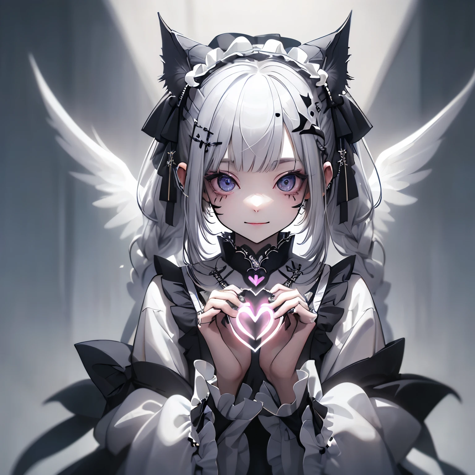 (masterpiece), Highest quality, Ultra-high resolution,(White ta:1.3)、Silver Hair、Black Hair、Big smile、Bat、Angel、Sick Makeup、Maid、fine、(Making a heart with hands:1.3)、music、(Angelの羽:1.3)、(Dark background:1.3)