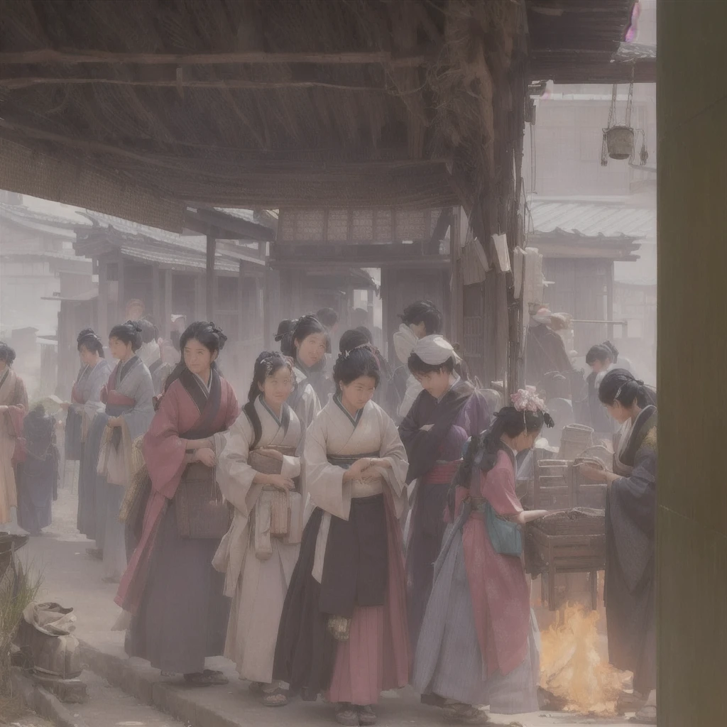 People in a burning building々Picture, ( ( Makoto Shinkai ) ), by makoto shinkai, by makoto shinkai, Xin Haicheng, Post-apocalyptic. Makoto Shinkai, Gwaiz, dark. by makoto shinkai, Makoto Shinkai. —h 2160Blazing flames, fire, crowd, throng, freezing, mother warming her baby.Scenery and Cityscape in the Early Meiji Era After the Meiji Restoration, Japan underwent rapid modernization and civilization. Consequently, many changes and reforms occurred. Below is a detailed explanation of the scenery, appearance of the poor, occupations, and cityscapes in the early Meiji period (1868 to the early 1880s). 2. Appearance of the Poor Life for the impoverished and lower classes remained harsh. In particular, in urban areas, people migrated from rural areas or unemployed artisans gathered, intensifying competition in the labor market. Many of them struggled with poverty, often residing in slums or around temples. 3. Occupations Meiji early Japan witnessed a diversification of occupations. Traditional agriculture and handicrafts were accompanied by the rise of modern industry and commerce. Particularly in urban areas, factory workers, shop clerks, and transporters increased, giving rise to new professions. However, many in these occupations endured harsh working conditions. 4. Influence of Civilization and Enlightenment During the Meiji era, Western cultural influences spread rapidly. Changes in clothing, dietary habits, and the proliferation of Western-style architecture advanced, especially in urban areas. Conversely, this development posed a threat to traditional culture and lifestyles, resulting in societal upheaval and adaptation challenges. 5. Social Change and Policy Influence While promoting modernization policies, the government also addressed poverty and social issues. Legislation for labor protection and charitable activities to aid the poor were implemented. Nevertheless, living conditions for the impoverished scarcely improved. The early Meiji period marked a rapid transformation in Japan, with complex so