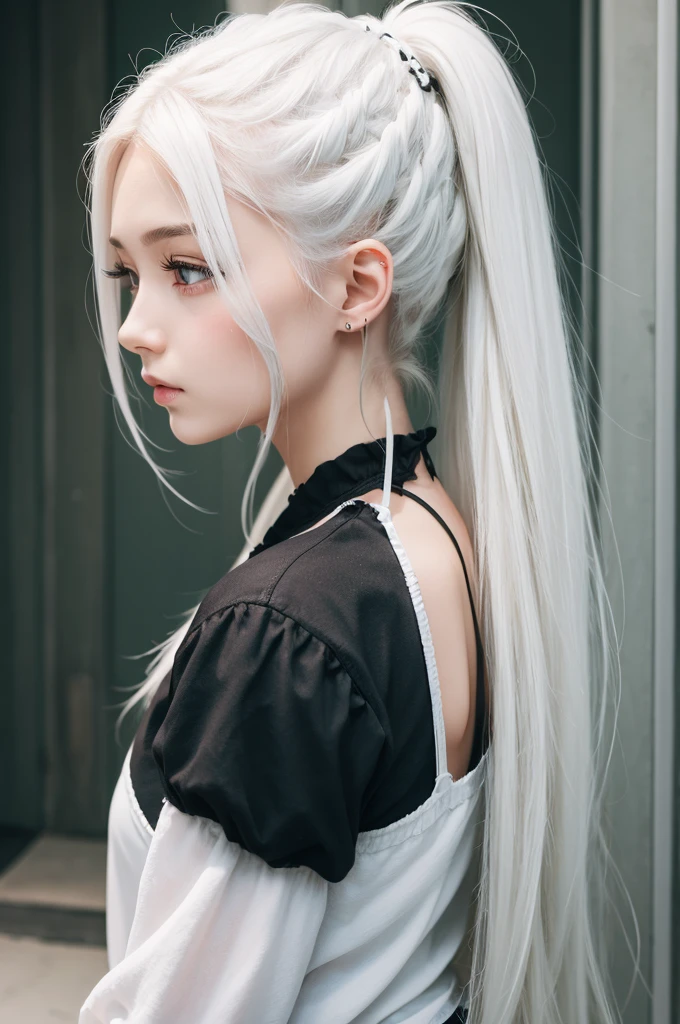 A girl with long, white hair tied up and just one wing