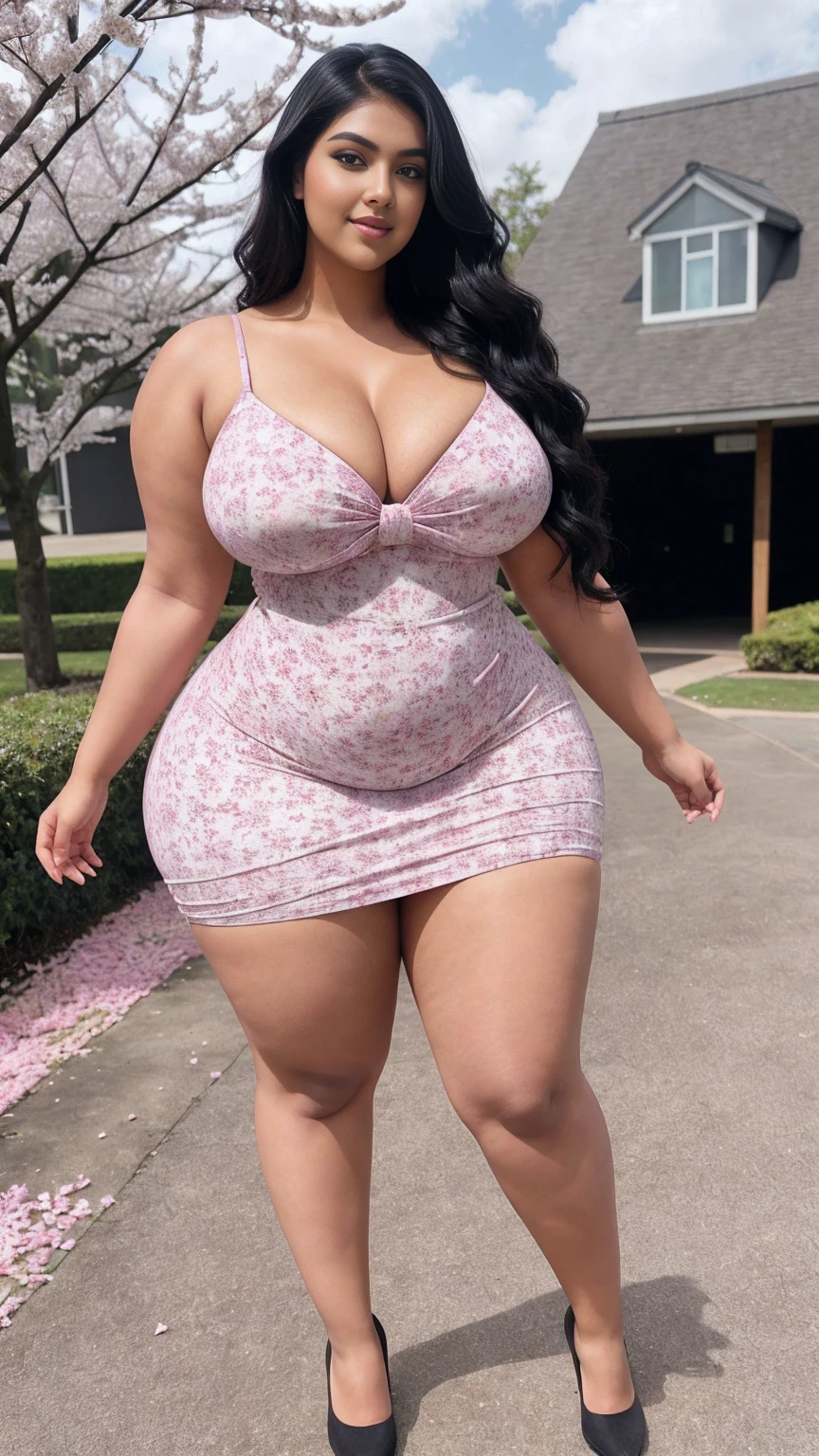swastika mukharjee Indian beautiful woman curvy plus size hour glass bulky huge figure woman, closeup camera view, big huge m-cup breast, wearing SHEIN Young Girl Colorful Unicorn Printed Mesh Dress For Spring And Summer Color: Pink , covered Bust , elegant standing position, eye contact view, different style hairstyle, bright eyes, thin eyebrows, fair skin, blushing cheeks, prefect head to toe view, full body, ideal for high-fashion or editorial shoots, ultra realistic skin texture, head to toe view, full body shot, full body view, smile face, black hair, Indian face, perfect skin tone light, ultra realistic skin texture, bigger waist, busty, big hips, fleshy thighs, thick thighs, busty, full body view, Cherry Blossom Trees: Pink blossoms in full bloom.