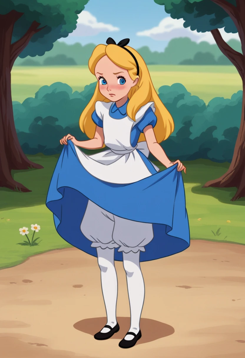 score_8_up, BREAK, Alice, 1girl, solo, blonde hair, long hair, blue eyes, headband, ribbon bow, blue dress, short sleeves, white apron, white pantyhose, black Mary janes, looking at viewer, outdoors, full body, bloomers, dress lift, blush, frowns, 