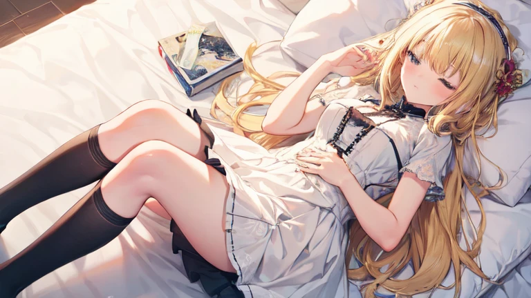 super high quality, Super detailed, one person, long blonde hair, sleep, Clothes with intricate details, skirt, tube socks
