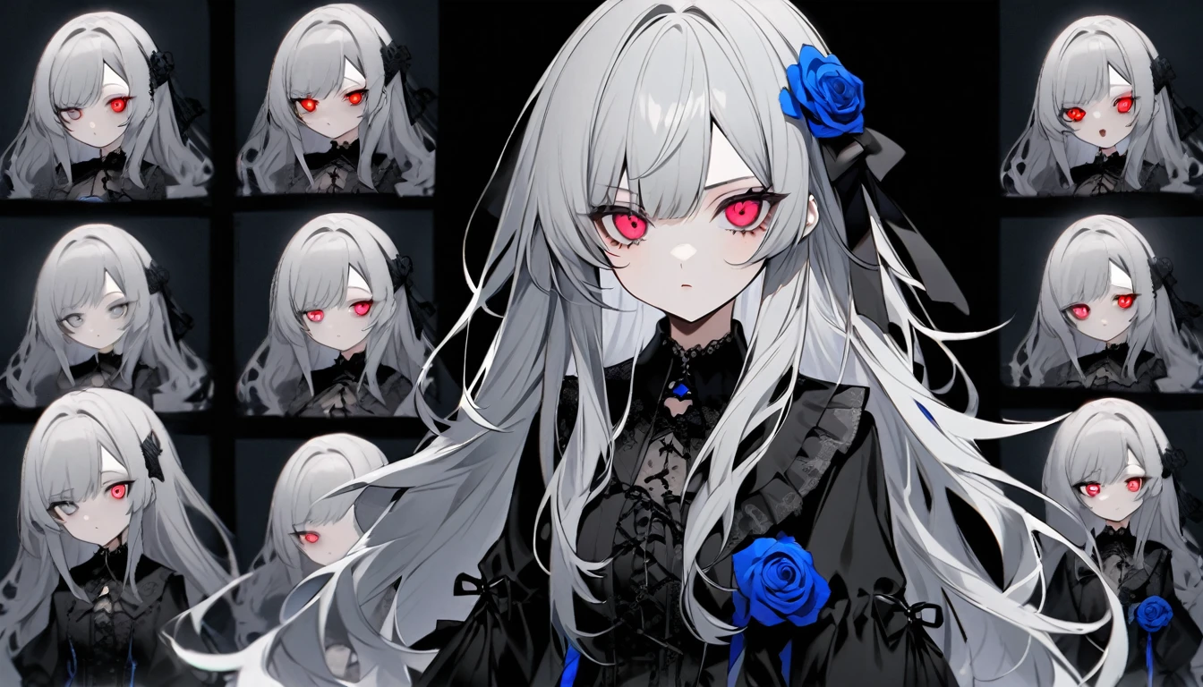 Gothic Lolita fashion teen girl character。gray hair color、Glowing red eyes、Long Hair、There is a mole under the left eye。Without background、Depict people only。bluerose、Blue rose