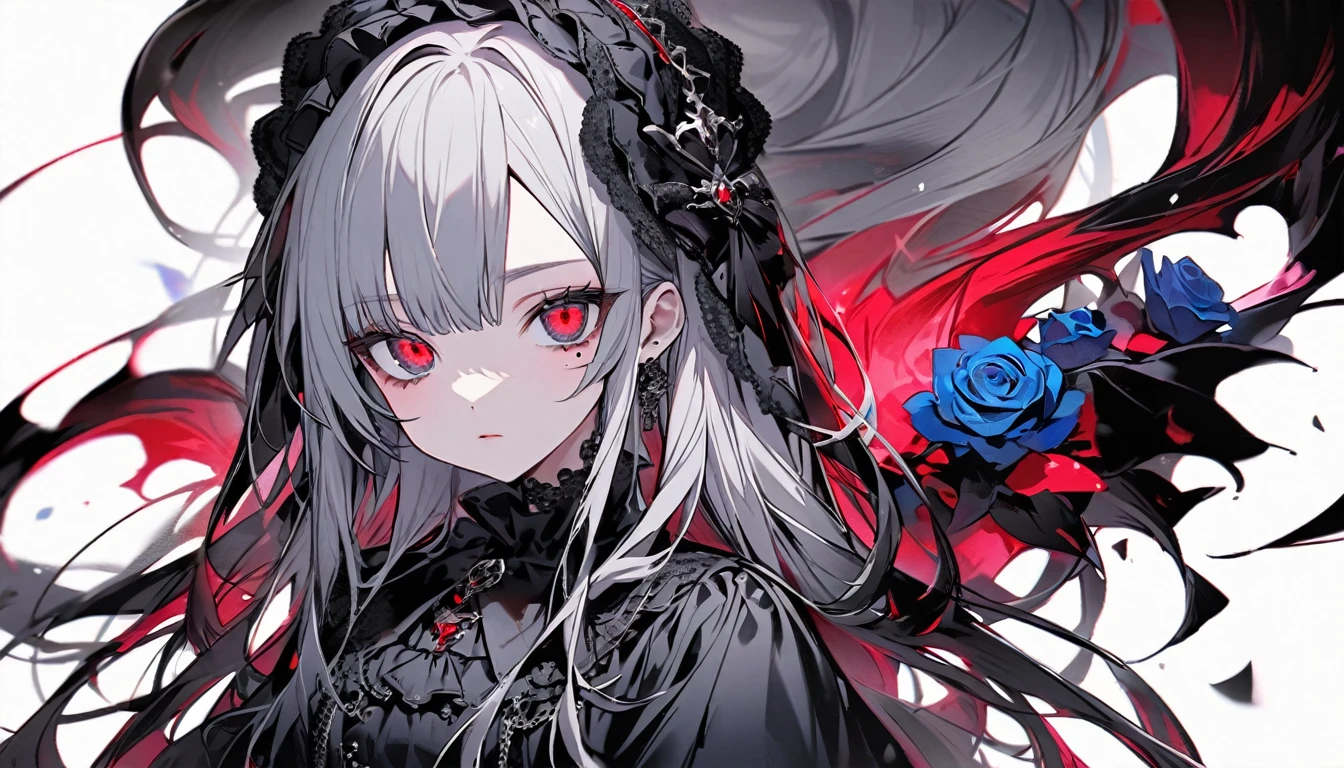 Gothic ta fashion teenl character。gray hair color、Glowing red eyes、Long Hair、There is a mole under the left eye。Without background、Depict people only。bluerose、Blue rose