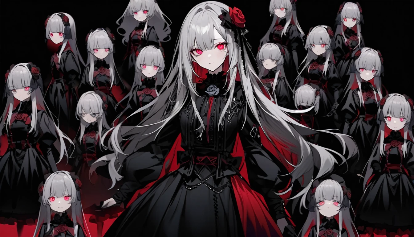 Gothic ta fashion teenl character。gray hair color、Glowing red eyes、Long Hair、There is a mole under the left eye。Without background、Depict people only。bluerose、Blue rose