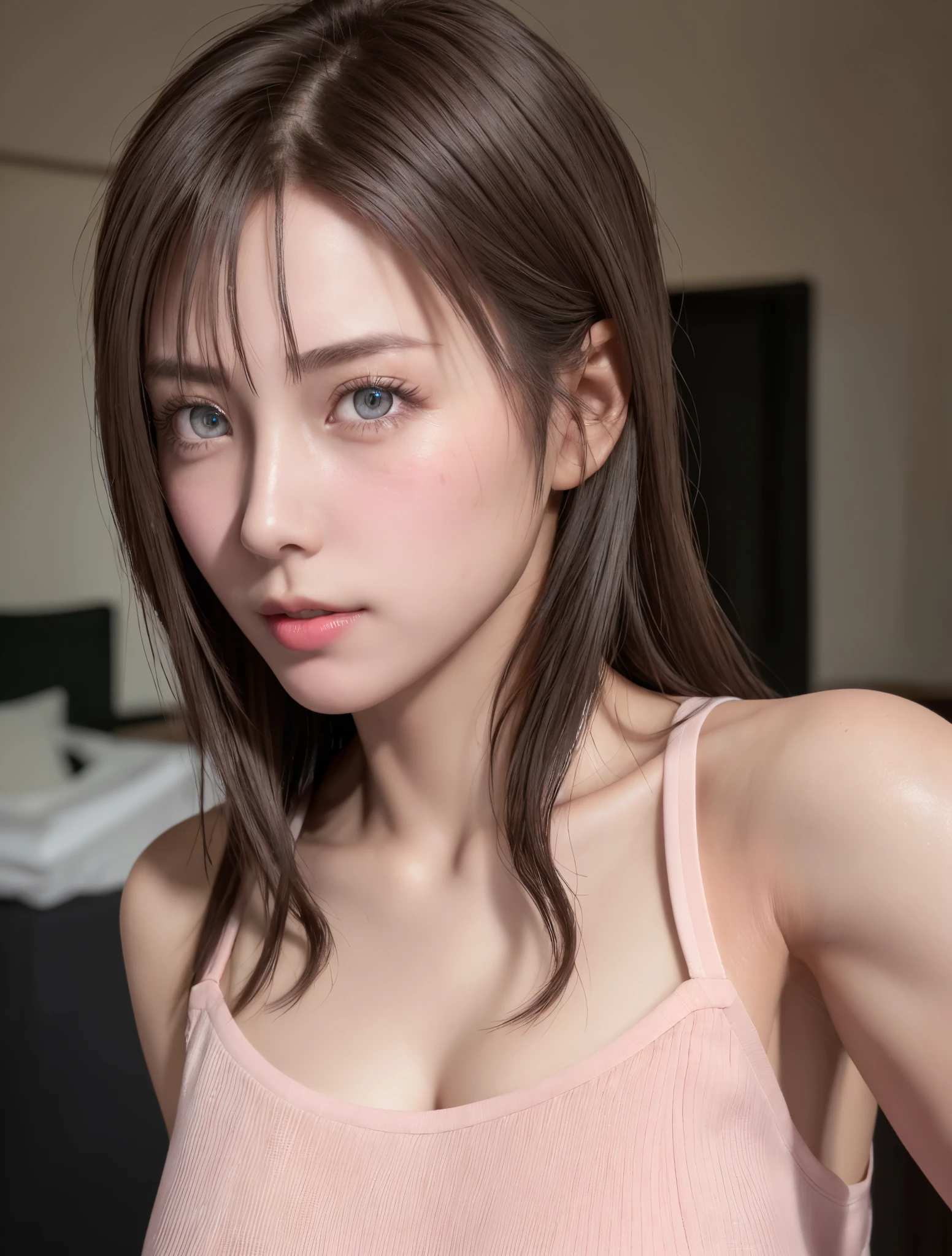 8K, Best Quality, masutepiece, Ultra High Resolution, (Realism: 1.3), Original photo, (Realistic skin texture: 1.3), (Film grain: 1.3), (Selfie angle), 1 girl, Pink clothes, Sapphire eyes and beautiful face details, masutepiece, Best Quality, close-up, Upper body top quality image quality pull-up