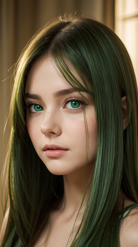 a girl. face sent feeling. Europe. Oval face. long face. delicate facial features. sad eyes. seductively seductive. green eyes. long straight hair. thick, bouncy hair. green hair