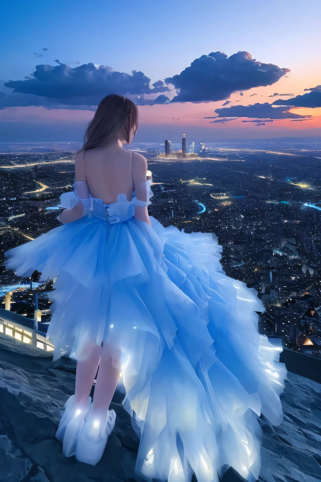 ((Highest quality)), ((masterpiece)), blue sky、Shine、cloud、Overlooking the city from the top of the mountain、8k、Blue Light、Midnight、No people、