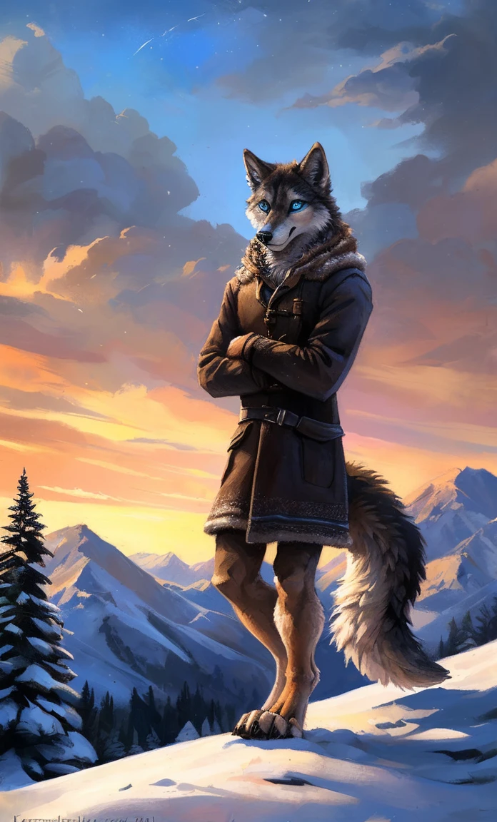 ((Solo)), male people, anthro wolf, (Multi-colored fur, White-brown:1.3，White tail pointed), (Height 2.1m,Tail length 1.2m), ((Wolf face, Big eyes, White eyelids, Blue pupil, Slim:1.2) (Tough, Calm expression:1.2)), Slim, pinging)), (Correct anatomy), (Winter clothing:1.1), The upper body  naked, (detailed outfits),A long big tail，Feet，(Realistic fur, Detailed fur texture, labeled:1.3)), (Natural lighting), Photorealistic, Hyperrealistic, ultradetailed, by Kenket，Snowfield，erect through，Running on