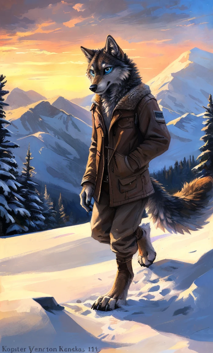 ((Solo)), male people, anthro wolf, (Multi-colored fur, White-brown:1.3,White tail pointed), (Height 2.1m,Tail length 1.2m), ((Wolf face, Big eyes, White eyelids, Blue pupil, Slim:1.2) (Tough, Calm expression:1.2)), Slim, pinging)), (Correct anatomy), (Winter clothing:1.1), The upper body naked, (detailed outfits),A long big tail,Feet,(Realistic fur, Detailed fur texture, labeled:1.3)), (Natural lighting), Photorealistic, Hyperrealistic, ultradetailed, by Kenket,Snowfield,erect through,Running on