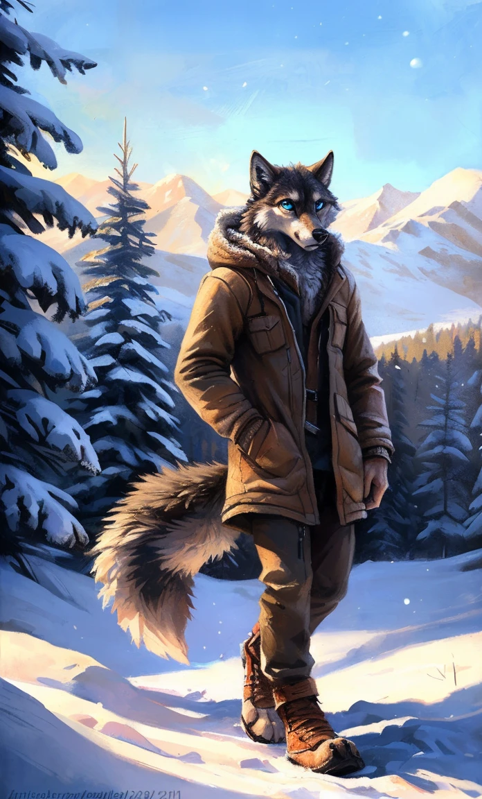 ((Solo)), male people, anthro wolf, (Multi-colored fur, White-brown:1.3,White tail pointed), (Height 2.1m,Tail length 1.2m), ((Wolf face, Big eyes, White eyelids, Blue pupil, Slim:1.2) (Tough, Calm expression:1.2)), Slim, pinging)), (Correct anatomy), (Winter clothing:1.1), The upper body naked, (detailed outfits),A long big tail,Feet,(Realistic fur, Detailed fur texture, labeled:1.3)), (Natural lighting), Photorealistic, Hyperrealistic, ultradetailed, by Kenket,Snowfield,erect through,Running on