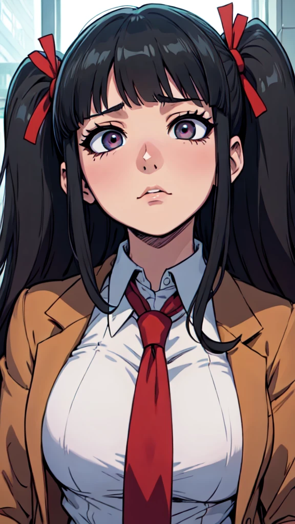 anime girl with long black hair wearing a brown jacket and red tie, anime visual of a cute girl, iwakura lain, anime moe artstyle, akane owari danganronpa, by Jin Homura, extremely cute anime girl face, with huge luminous sad eyes, shikamimi, close up iwakura lain, gapmoe yandere
