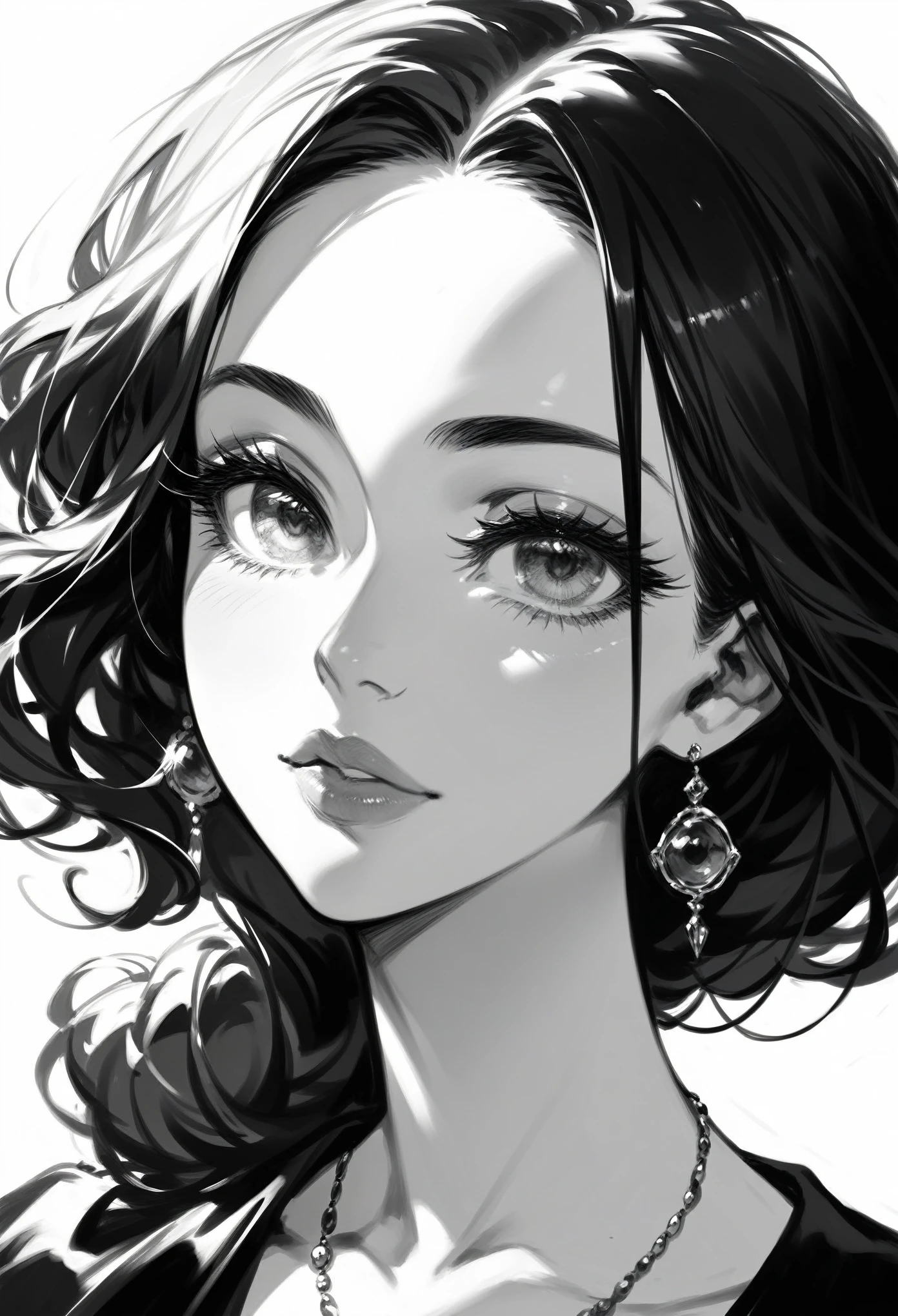 a highly detailed black and white sketch of a young woman, beautiful detailed eyes, beautiful detailed lips, extremely detailed face, long eyelashes, solo portrait, delicate hatching and shading, manga style, monochrome