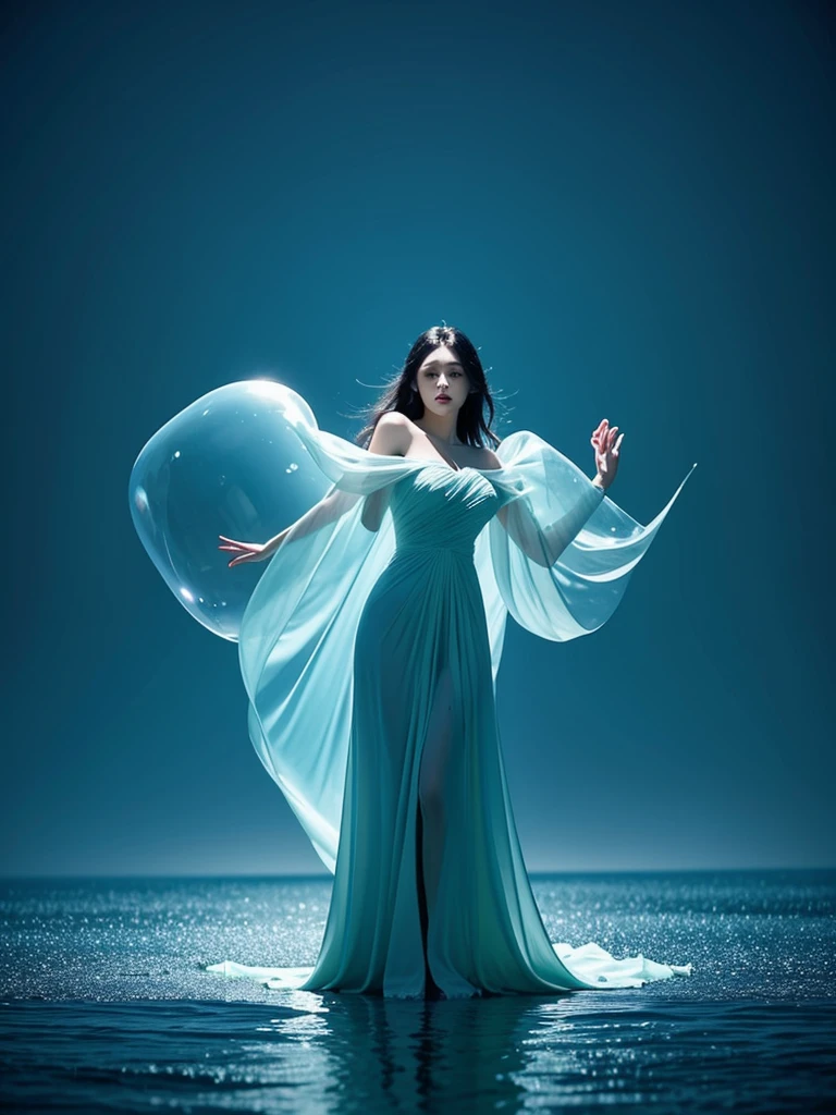 Young woman wearing a dress entirely made of transparent flowing water. Fluid, cascading gown with dynamic water movement. Large soap bubble-like spheres incorporated into the water fabric, creating a mesmerizing blend of flowing liquid and delicate bubble structures. Dynamic poses, dancing, Shimmering, iridescent water surface with rainbow reflections on bubble areas. Water drops of various sizes forming the dress's texture. High-detail photography, fantasy concept art style. Simple plain light blue background. Flowing water in space.