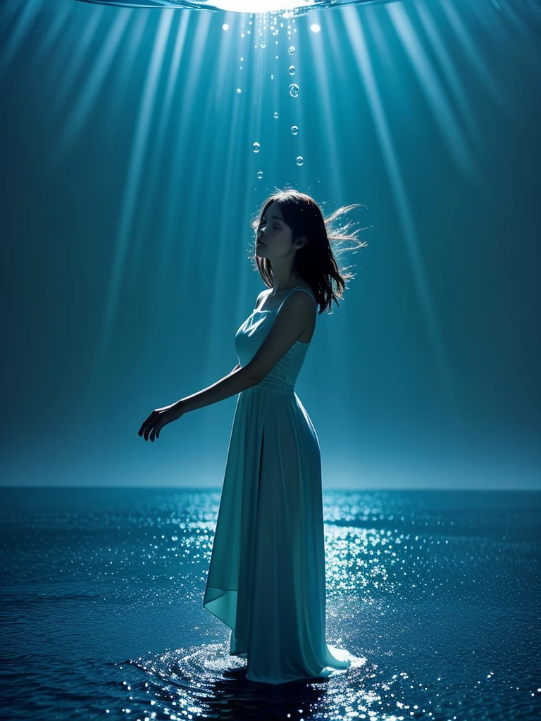 Young woman wearing a dress entirely made of transparent flowing water. Fluid, cascading gown with dynamic water movement. Large soap bubble-like spheres incorporated into the water fabric, creating a mesmerizing blend of flowing liquid and delicate bubble structures. Dynamic poses, dancing, Shimmering, iridescent water surface with rainbow reflections on bubble areas. Water drops of various sizes forming the dress's texture. High-detail photography, fantasy concept art style. Simple plain light blue background. Flowing water in space.