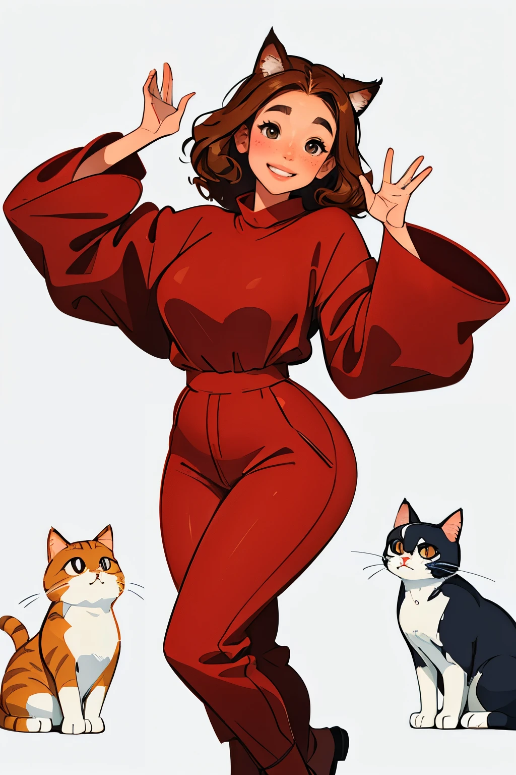 samdoesarts style beautiful woman, White background ,Sam Style, average hair length, curly, Brown, freckles, Brown eyes, plump build, wide hips, Oversized clothing, Long-sleeved sweater, red and burgundy jumpsuit, golf courses, smiling, cat ears, playful pose, dynamics, Jump up, one hand up