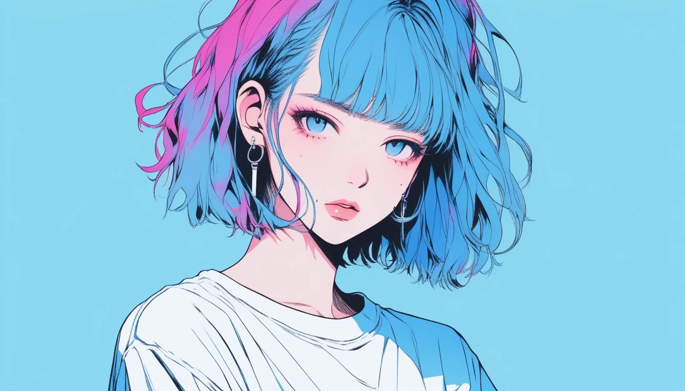 Illustrator, anime , Realistic ,sketch , 1 Girl, ,lip, tshirt,order, Blue gradient background, Neon Hair,Textured Trim, Canadian, (masterpiece,Highest quality) Cancer、Cross your arms