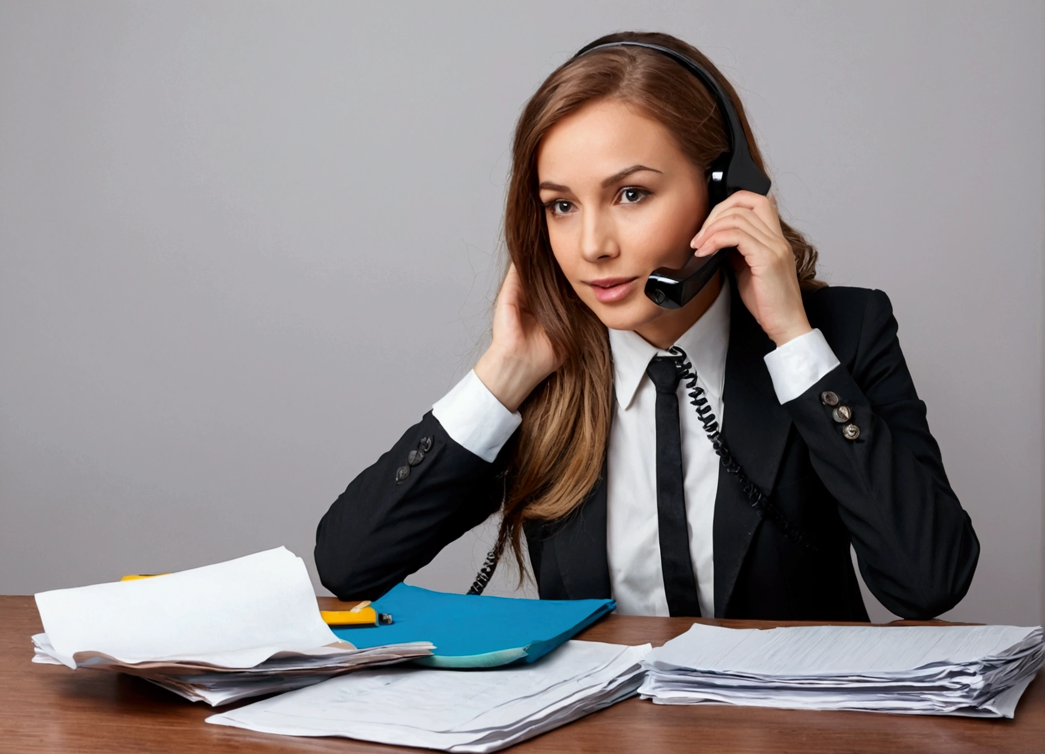 Create a realistic photo of a young woman - a super-professional secretary. She's talking on the phone.
She has a huge amount of work, but at the same time she is happy.
There are a lot of papers on the table.