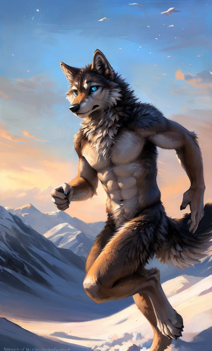 ((Solo)), male people, anthro wolf, (Multi-colored fur, White-brown:1.3,White tail pointed), (Height 2.1m,Tail length 1.5m), ((Wolf face, Big eyes, White eyelids, Blue pupil, Slim:1.2) (Tough, Calm expression:1.2)), Abs, Slim, pinging)), (Correct anatomy), Naked all over the body,A long big tail,Feet,(Realistic fur, Detailed fur texture, labeled:1.3)), (Natural lighting), Photorealistic, Hyperrealistic, ultradetailed, by Kenket,Snowfield,No artifacts, Running on