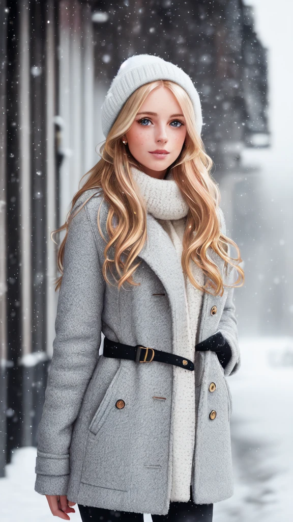 professional portrait photograph of a gorgeous Norwegian girl in winter clothing with long wavy blonde hair, sultry flirty look, (freckles), gorgeous symmetrical face, cute natural makeup, wearing elegant warm winter fashion clothing, ((standing outside in snowy city street)), stunning modern urban environment, ultra realistic, concept art, elegant, highly detailed, intricate, sharp focus, depth of field, f/1. 8, 85mm, medium shot, mid shot, (((professionally color graded))), bright soft diffused light, (volumetric fog), trending on instagram, hdr 4k, 8k