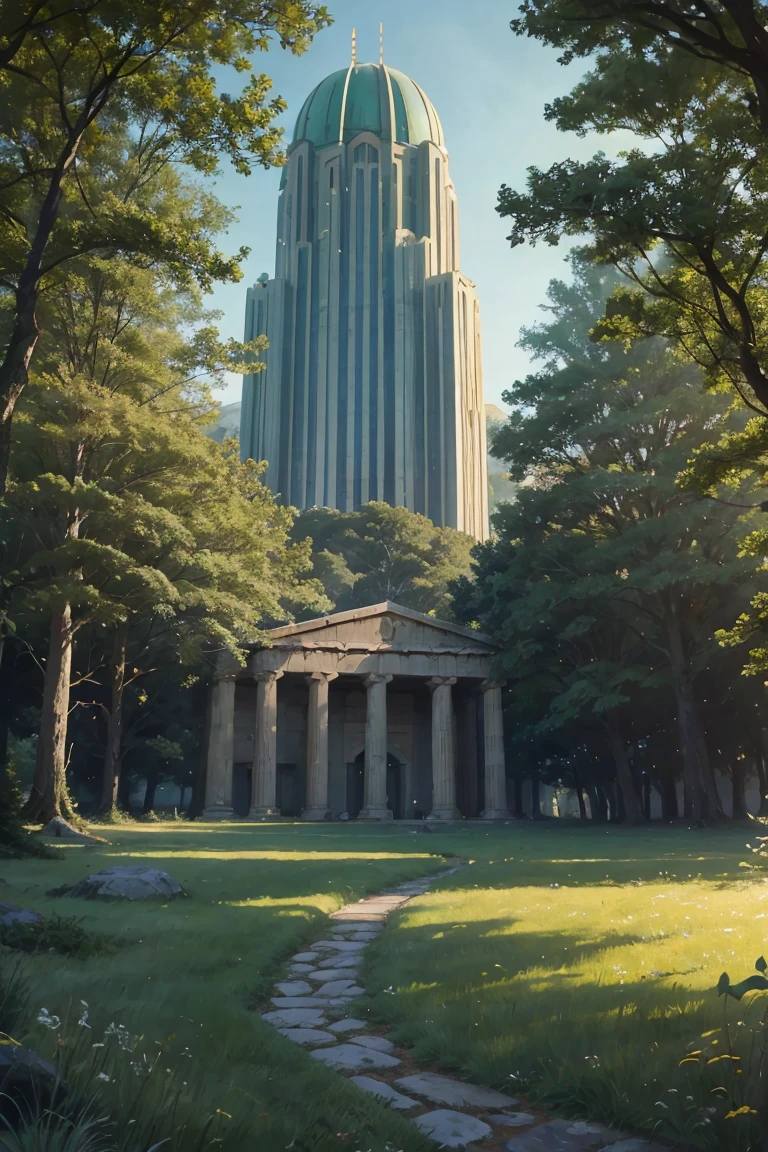 ralph-mcquarrie style, greek architecture done in a sci-fi style on a beautiful forest and meadow scene with tall buildings and open green spaces, oil painting, beautiful, highly detailed