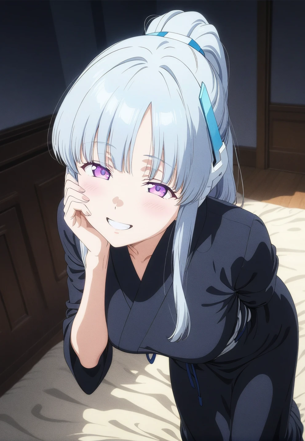 best quality, amazing quality, very aesthetic, absurdres, (1girl, noa, blue archive, solo, purpel eyes, white hair, big breasts), (realistic face:0.9),(robe:1.8), (grin, night, thigh:1.3), (cowboy shot), (glowing eyes), (half closed eyes:0.9), (from above0.7), (official art:1.3), (bent over, hand on own cheek, all fours:1.4), (blush), expressive eyes, perfect face, 4k, extremely detailed anime illustration, extremely detailed eyes, perfect ???????, light rays, extremely delicate body, smooth skin, (bedroom background:1.5), clear eyes, beautiful face, smiling at viewer, (anime style:1.7), (cinematic Light:1.5), (highres:2), big breasts, best quality, amazing quality, very aesthetic, absurdres, (1girl, noa, blue archive, solo, purpel eyes, white hair, big breasts), (realistic face:0.9),(gown:1.8), (smile, night, thigh:1.3), (cowboy shot), (glowing eyes), (half closed eyes:0.9), (from above0.7), (official art:1.3), (bent over, arms behind back:1.4), (blush:0.7), expressive eyes, perfect face, 4k, extremely detailed anime illustration, extremely detailed eyes, perfect ???????, light rays, extremely delicate body, smooth skin, (bedroom background:1.5), clear eyes, beautiful face, smiling at viewer, (anime style:1.7), (cinematic Light:1.5), (highres:2),
