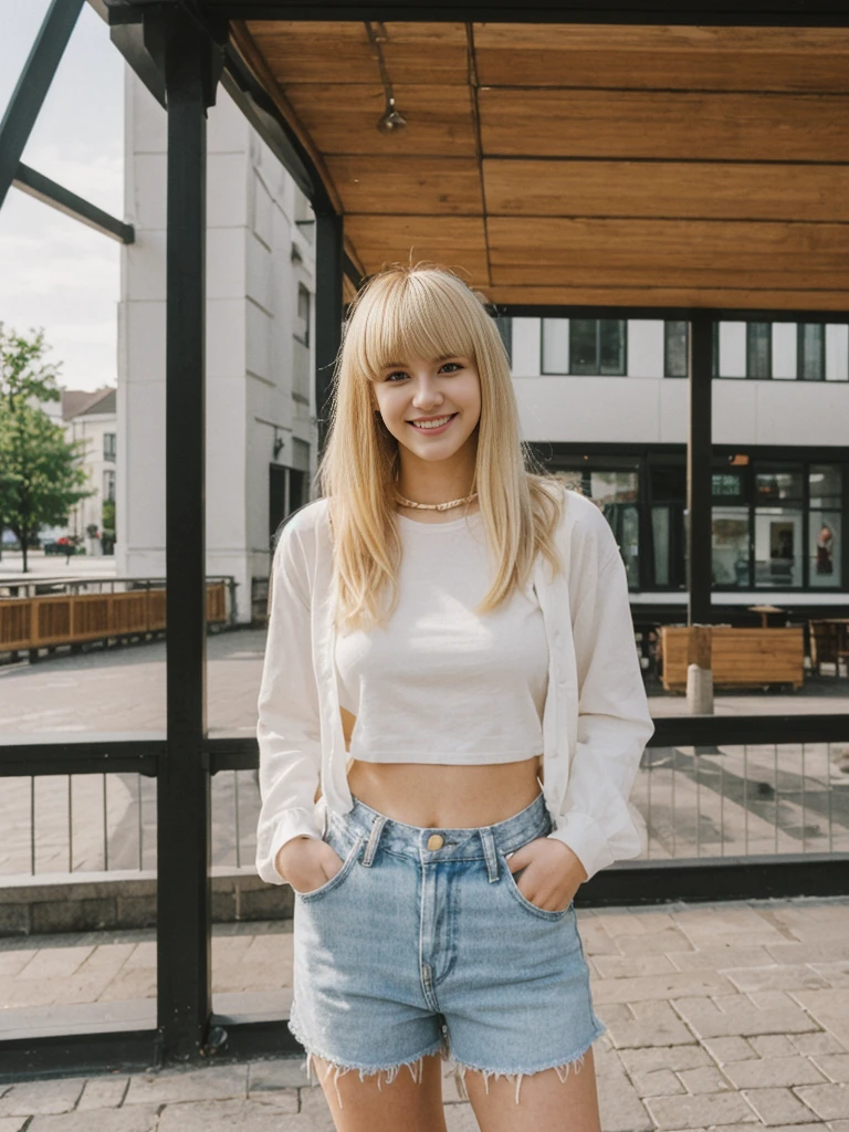 her name is Alliyah, high quality, 1girl, ((20-year-old fit Caucasian woman)), ((20 years old)), ((fit)), ((medium blonde with bangs)), pose: standing, wearing stylish random trend Generation-Z modern wear, BACKGROUND: overlooking cobblestone streets, ugly smiling, POSE: standing